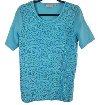 Quacker Factory Blue Sequin Top S Womens Short Sleeve Crew Neck Pullover Casual - £16.60 GBP