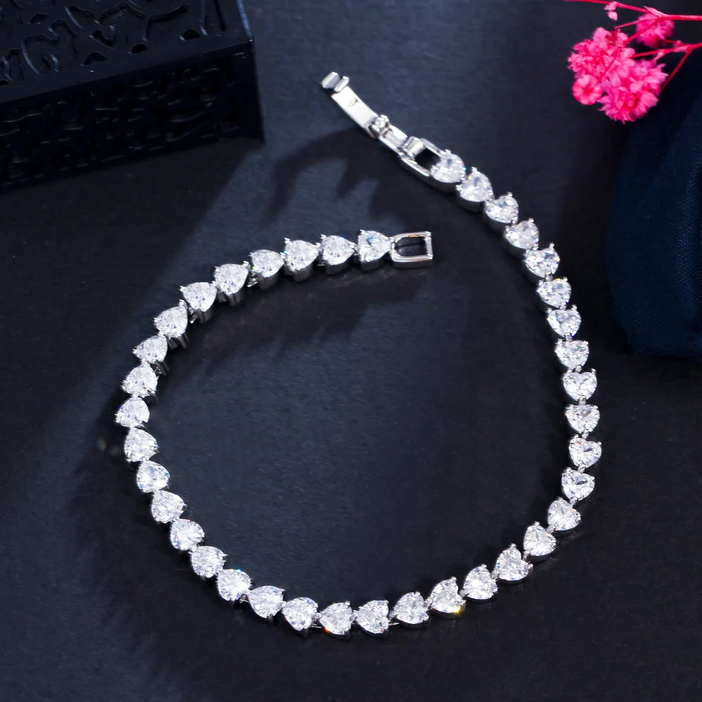 Tiny Heart Shape Cubic Zirconia Classic Link Chain Tennis Bracelet for Women Wed - £18.61 GBP