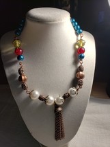 20-in Hand Beaded Blue Yellow Red Pearl Brass Bead Caps With Brass Chain Tassel - £25.86 GBP