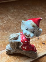 Small Vintage Enesco Japan Cute Red Christmas Elf Elfin w Tree Branch Ceramic - $11.29