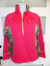 Browning Buckmark Pullover Jacket Half Zip Pink Camouflage Thumbhole Size S - $18.40