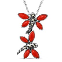 Beautiful Pair of Dragonflies w/ Inlaid Red Coral Sterling Silver Necklace - £20.44 GBP