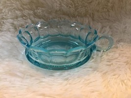 Blue Handle Nappy Dish Bowl Depression Opalescent Glass Vintage Cottage ... - £14.74 GBP