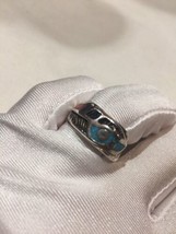 Vintage American Silver White Bronze Men&#39;s Feather Turquoise Inlay 12.75 Ring - £29.18 GBP