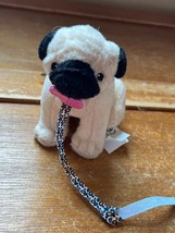 Small Battat Tan &amp; Black Plush PUG Puppy Dog w Ribbon Leash Stuffed Animal – - £7.43 GBP