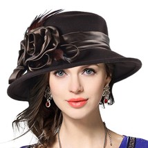 Women&#39;S Wool Church Dress Cloche Hat Plumy Felt Bucket Winter Hat (Floral-Brown) - £41.86 GBP