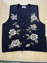 Alfred Dunner Vintage Sweater Vest Button Up Navy Blue W/Roses Womens Sz 1X NWT - £18.69 GBP