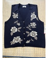 Alfred Dunner Vintage Sweater Vest Button Up Navy Blue W/Roses Womens Sz... - £17.77 GBP