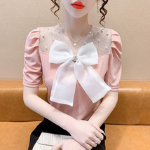 Sweet V-Neck Bow Spliced Gauze Beading Loose Shirt 2022 Summer New Chic Tops Ove - £40.19 GBP