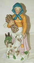 Rural Old Woman Country Farmer w Dog Holding Wood Bisque Figurine 11-1/2&quot; - £29.73 GBP