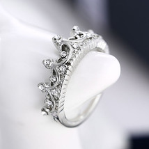 Fashion Princess Silver Plated Rhinestone Women Crown Ring Royal Wedding Band - £7.81 GBP