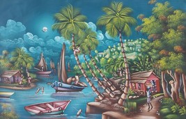 Vintage Signed Etienne Haitian Naif Art Caribbean Scenic Village Painting Haiti - £310.33 GBP