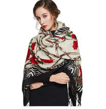 Anyyou Scarf 100% Pure Merino Wool Beige Rose Pattern Stylish Poncho Winter Larg - £68.04 GBP