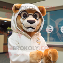 Cream Mountain Lion mascot costume character dressed with a Windbreaker and Read - £977.67 GBP