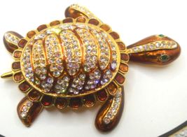 Vintage Large Brown Enamel &amp; Pave Rhinestone Turtle Brooch 3.3/4&quot; Long x 3&quot; Wide - £42.81 GBP