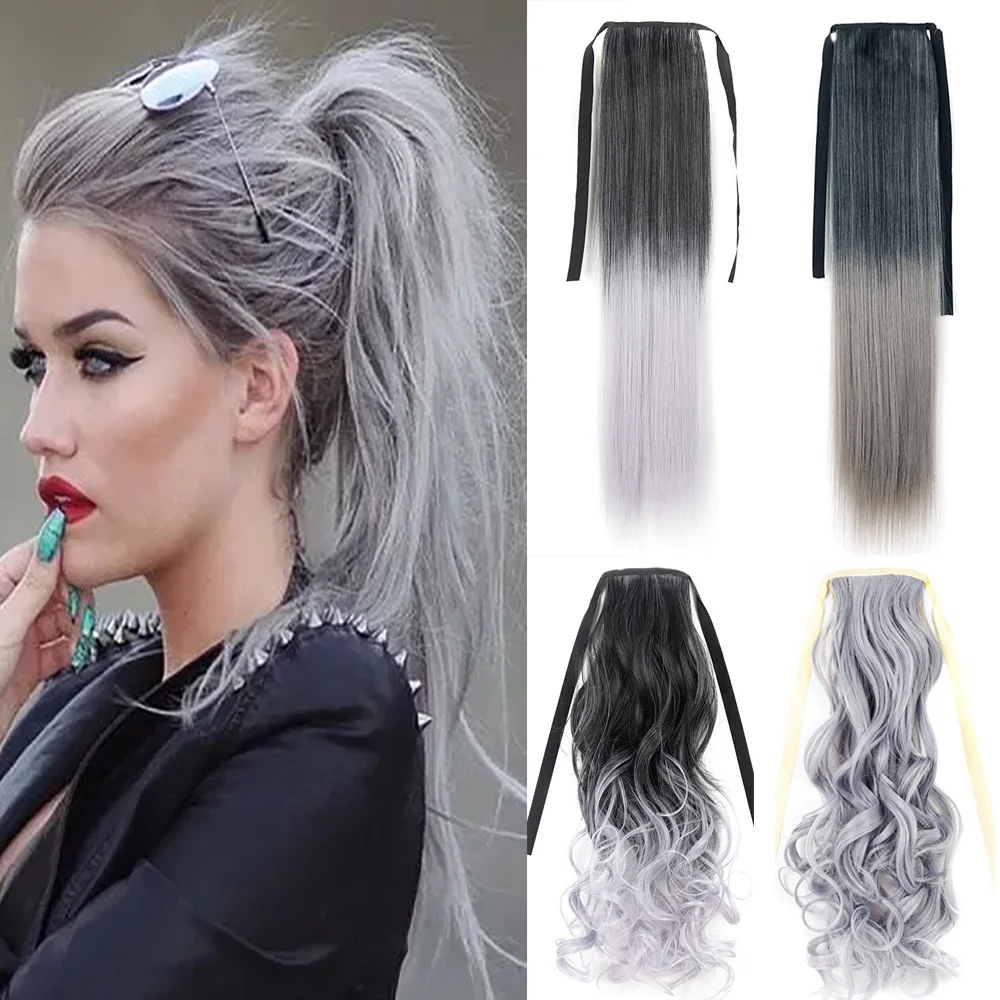 Jeedou Synthetic Gray Color Wavy Hair Ponytails Ribbon Drawstring Ponytail Hair - £16.52 GBP