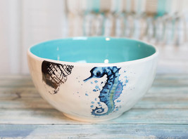 Nautical Blue White Seahorse Ceramic Large 95oz Pasta Salad Soup Serving Bowl - £29.56 GBP