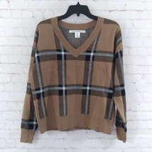 Max Studio Sweater Womens Medium Brown Plaid V Nexk Classic Preppy Pullover - $24.88