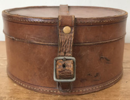 Vintage Antique Brown Red Lined Leather Round Traveling Train Hat Case 7... - $59.99