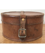 Vintage Antique Brown Red Lined Leather Round Traveling Train Hat Case 7... - $59.99