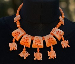 Orange Elephant Necklace Tribal Ethnic Boho Bead  Vintage Statement Chunky Short - $19.98