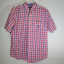 Chap Button Down Mens Shirt L Short Sleeve Easy Care Red White Blue  - £11.65 GBP