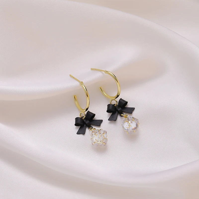 Gold Black Bow Diamond Zircon Dangle Earrings For Woman Sweet Crystal Stud Earri - £19.00 GBP