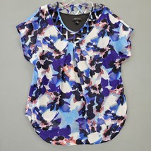 AB Studio Women Shirt Size M Blue Preppy Floral Short Sleeve Cut Out V-Neck Top - £10.07 GBP
