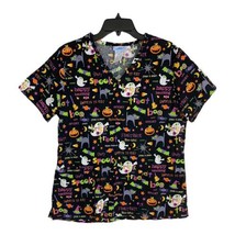 Halloween  Womens Scrub Shirt Size Medium Black Short Sleeve Pockets Ghost Cat - £16.94 GBP