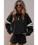 Black Varsity Striped Sleeve Drop Shoulder Sweatshirt and Short Set - $691.76 MXN