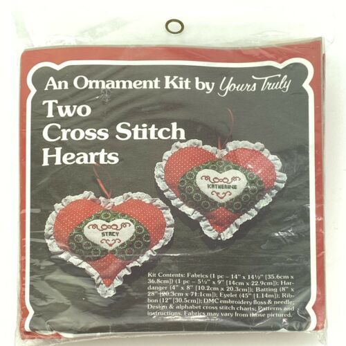 1981 An Ornament Kit by Yours Truly #2855 Two Cross Stitch Hearts Calico 80s - $9.89