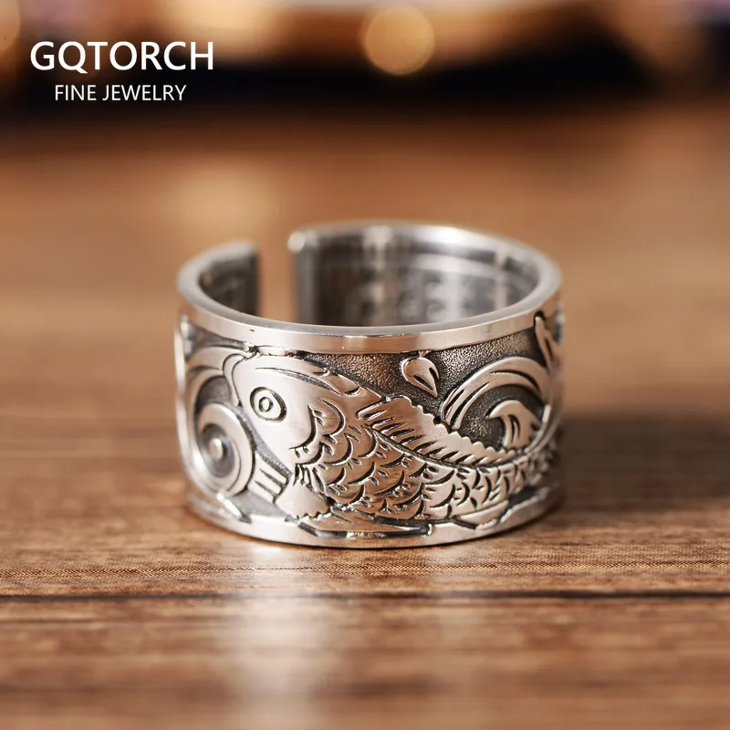 999 Pure Silver Jewelry Original Design Koi Fish Pattern Open Ring for Men Male  - $53.85