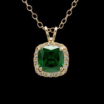 1.5CT Cushion Green Emerald Simulated Diamond Pendant 14k Yellow Gold Plated - £70.77 GBP