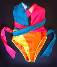NEW Shein Colorblock Swimsuit One Piece Wrap Deep V High Cut Neon Colors Size S - £18.15 GBP