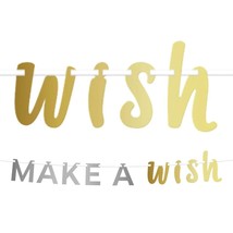 Make A Wish Foil Metallic Silver and Gold Banner 12 Feet Long New 6&quot; Let... - £5.43 GBP