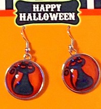 Pierced Earrings Dangling Black Cat Inside Glass Dome New on Card - £6.32 GBP