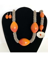 French Chunky Orange Art Glass Mother Of Pearl Necklace Bracelet &amp; Earri... - £188.69 GBP