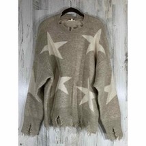 Easel Sweater Distressed Oversized Tan Khaki White Stars Size Small - £19.05 GBP