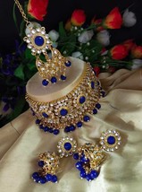 Indian Bollywood Gold Plated Kundan Necklace Earrings Tikka Blue Jewelry Set - £29.13 GBP
