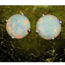 7 MM Solitaire Opal Stud Earrings in 14K White Gold Plated Women&#39;s Day Gift - $67.54