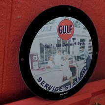 Vintage 1955 Gulf &#39;&#39;The Gas With Guts&#39;&#39; Service Station Porcelain Gas-Oil Sign - £98.32 GBP