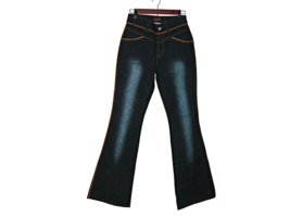 Bonny Girl Womens Juniors Dark Wash Tan Leather Trim Denim Flared Jeans ... - $17.32
