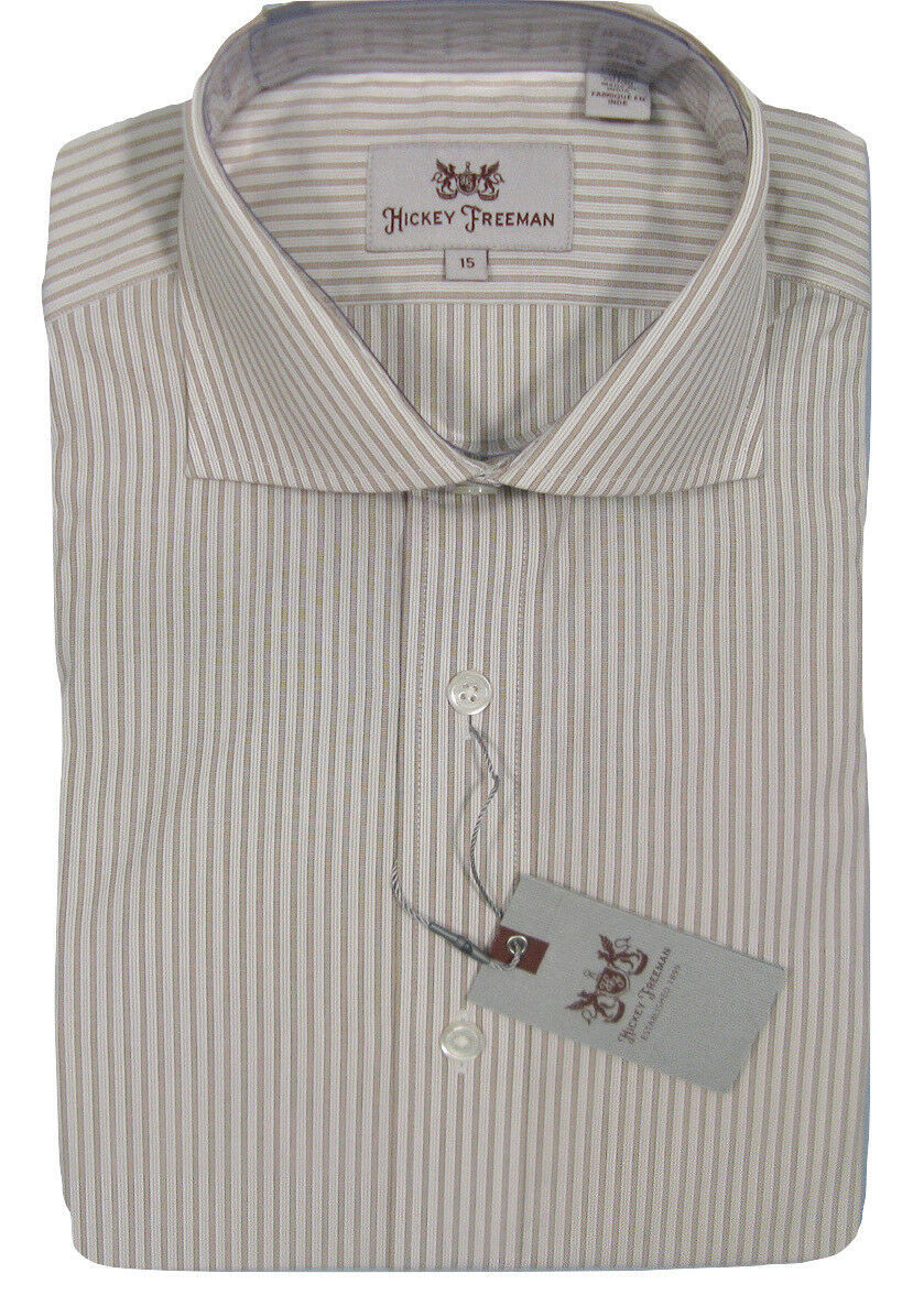 NEW $145 Hickey Freeman Dress Shirt!  15.5 34   *White Tan &amp; Taupe Stripes* - $64.99