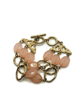 Gold Tone Triple Strand Bracelet Pink Faceted Beads Toggle Closure - £7.56 GBP