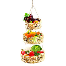 3 Tier Hanging Fruit Basket For Kitchen, Natural Woven Wicker Seagrass B... - £39.49 GBP