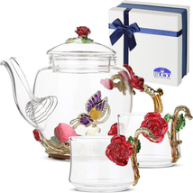 Mothers Day Gifts for Mom Her Women, Floral Glass Tea Set, 2 Fancy Cups, Small G - £38.64 GBP