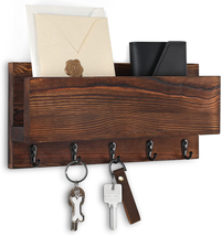 Mail Rack Key Holder Hanger Wall Letter Organizer with Shelf &amp; Hooks Rustic Wood - £20.29 GBP