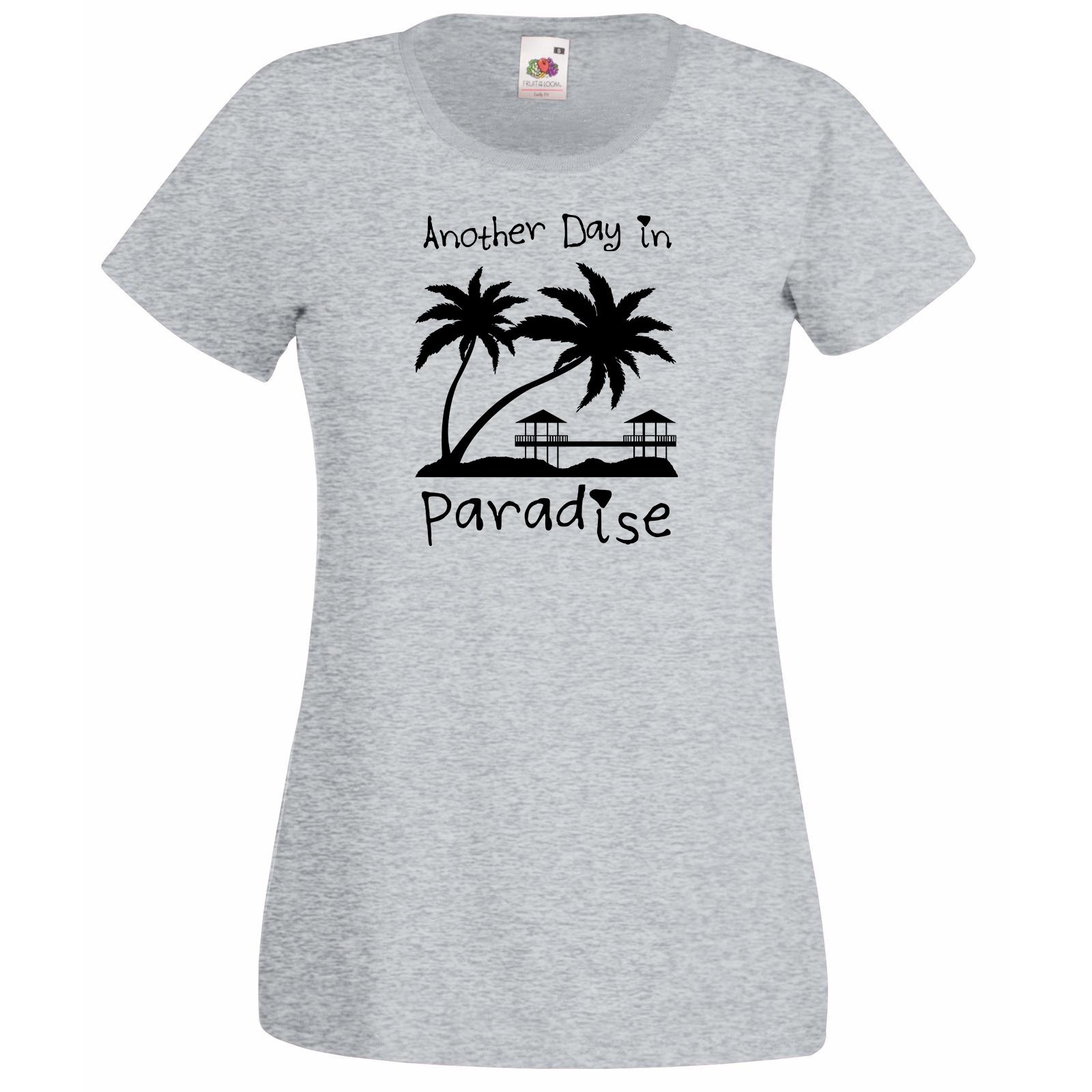 Womens T-Shirt Sunset Beach Palms & Bungalows, Quote Another Day Paradise Shirts - £19.37 GBP