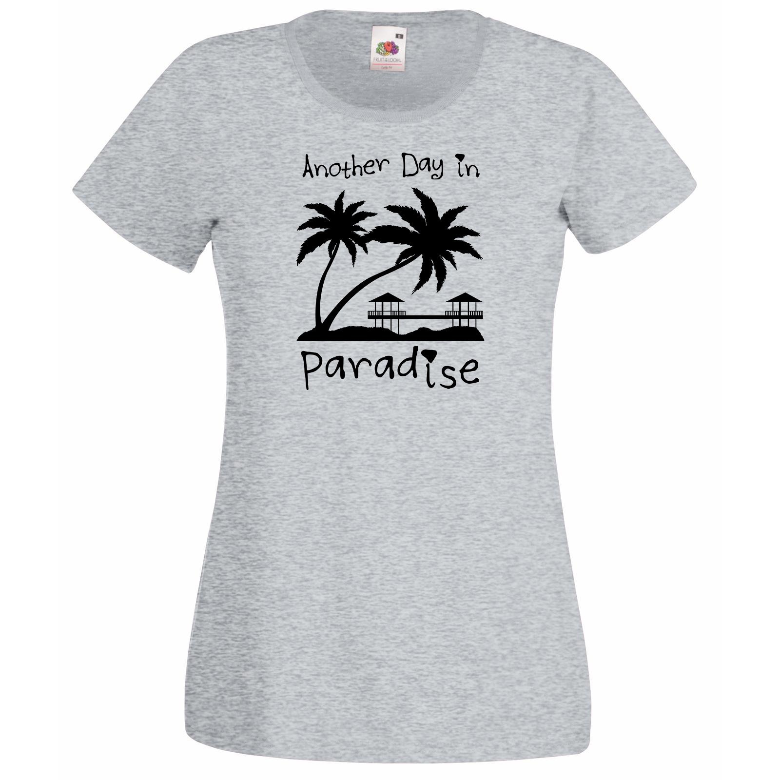 Womens T-Shirt Sunset Beach Palms & Bungalows, Quote Another Day Paradise Shirts - $24.74