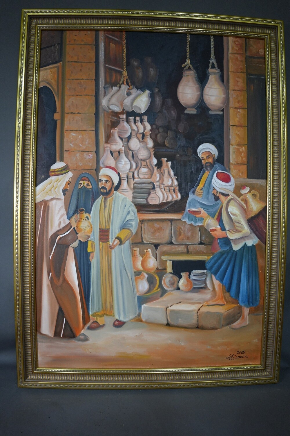 Original Oil on Canvas Arabian Pottery Shop Orientalist Painting Ali Moussa 2005 Item image 4